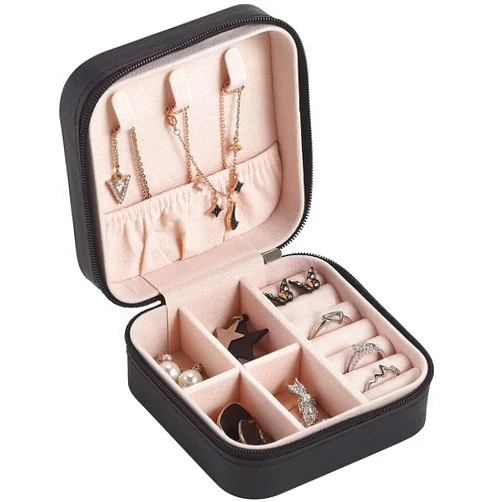 Sanzeon Portable Jewelry Case Travel Earring Ring Necklace Accesories Organizer Box with Zipper (Black)