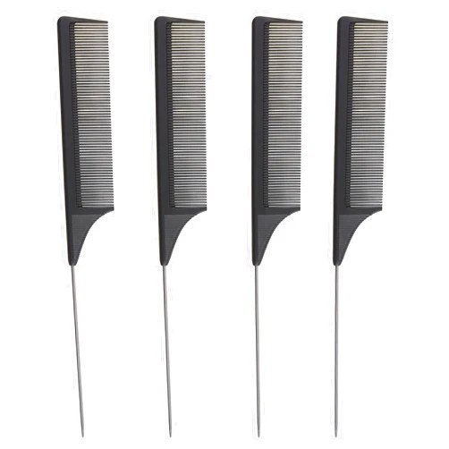 MARS WELLNESS 4 Pack Carbon Fiber Rat Tail Combs - Carbon Fiber, Stainless Steel Pintail, Heat Resistant, Hair Comb Set for Braiding, Parting, and Styling, 9 Inches Long - Black Combs for Women and Men