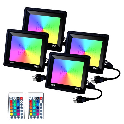 FTL LED Flood Light Outdoor RGB 500W Equiv. 50W Dimmable Color Changing Floodlight with Remote Control,16 Colors 4 Modes Timing Function,IP66 Waterproof for Party, Garden US 3-Plug,4 Pack