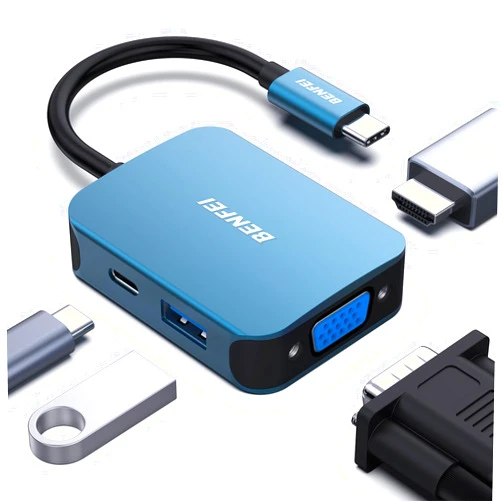 BENFEI USB C HUB 4in1, USB Type-C to HDMI VGA Adapter, USB C to USB Adapter, USB Type-C Power Delivery, Compatible with iPhone 15 Pro/Max, MacBook Pro/Air 2023, iPad Pro, iMac, S23, XPS 17