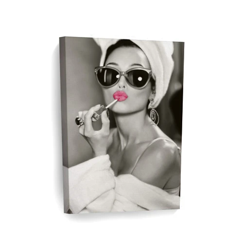SmileArtDesign Audrey Hepburn Wall Art Makeup Pink Lipstick CANVAS PRINT Iconic Pop Art Pretty Beauty Black and White Home Decor Artwork Gallery Stretched and Ready to Hang - %100 Handmade in the USA - 12x8