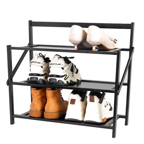 COMAX Folding Bamboo Shoe Rack for Entryway Small Space, Installation-Free Foldable Shoes Storage Organizer, Free Standing Three Shelf Shoe Stand for 6-9 Pairs, Small Shoe Rack 3 Tier 20 Inch Wide