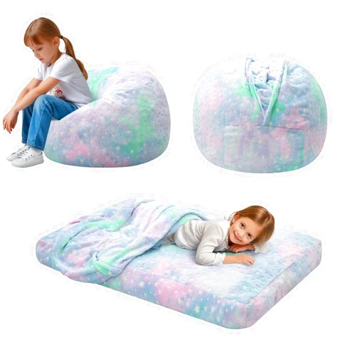 COMAX Kids Bean Bag Chair Turn into Beanbag Bed, Unicorn Toddler Bean Chair for Girl Boy Sleeping, Lazy Children Sofa Couch with Filler, Convertible Child Floor Mattress, Colorful Star