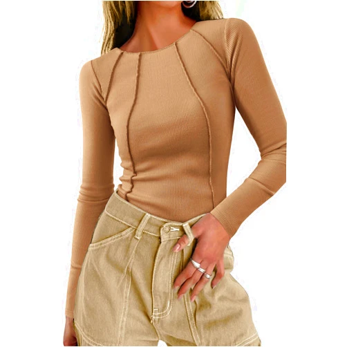KIRUNDO Women's 2024 Fall Long Sleeve Ribbed Knit Crop Tops Casual Crew Neck Slim Fitted Exposed Seams Basic Tee Shirts