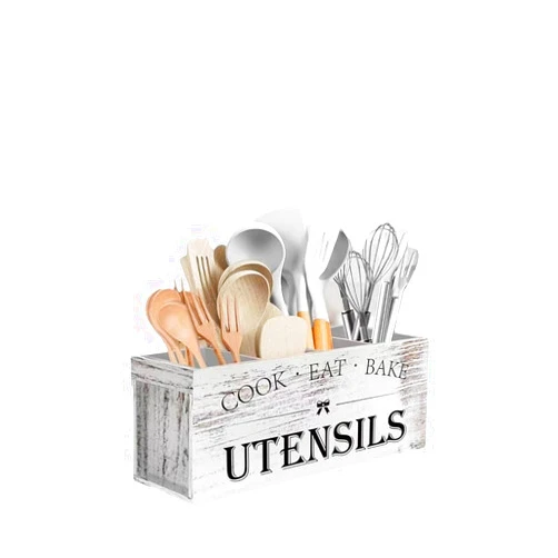 IWUTEFET Extra Large Wooden Kitchen Utensil Holder With 4 Compartments，Pluo-in KitchenUtensil Holder, Farmhouse Decor Countertop Organizer, Home Kitchen Storage ForFlatware And Cookware - White Grain