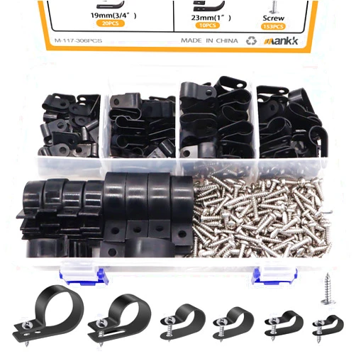 Mankk 6 Sizes 306PCS Nylon Plastic R-Type Black Cable Clamps 3/16'' 1/4'' 3/8'' 1/2'' 3/4'' 1'' Wire Clips Assortment Kit Wire Mounting Clips with Screws for Cable Management M-117