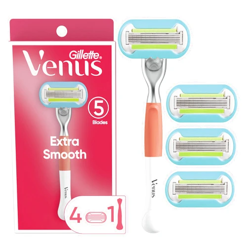 Gillette Venus Extra Smooth Pink Women's Razor, 5 Bladed Razor, Pivoting Head, Lubrastrip for Irritation-Free Shave, Handle + 4 Blade Refills