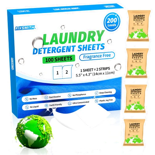 FIXSMITH Laundry Detergent Sheets - 200 Loads (100 Sheets) Fragrance Free - Hypoallergenic,Unscented,Eco Friendly Laundry Detergent Strips Concentrated Travel Detergent Sheets.Plastic-Free,Liquidless