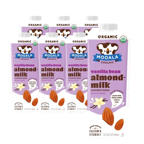 Mooala Organic Vanilla Bean Almond Milk Unsweetened 32 fl oz (Pack of 6) – Shelf-Stable, Lactose Free, Gluten-Free, Vegan, No Added Sugar, Plant-Based Beverage