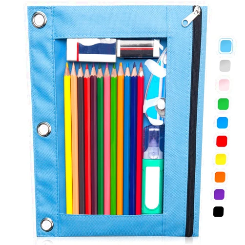 Forvencer Pencil Pouch for 3 Ring Binder, Binder Pencil Case with Smooth Zipper, Clear Window Pencil Case for Binder, Big Capacity 3 Ring Binder Pencil Bag with 3 Reinforced Grommets, Sky Blue