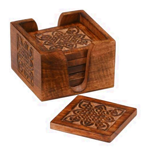 Generic Celtic coaster set - Mango wood coaster holder with 6 coasters, 4 inch square coasters, tabletop protection and natural decor