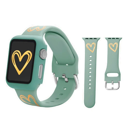 STARAMZ Soft Silicone Band Compatible with Apple Watch Bands 41mm 40mm 38mm, Soft Silicone Gold Heart Pattern Printed Sport Wristbands with Case for iWatch Series SE 7 6 5 4 3 2 1 for Women Men