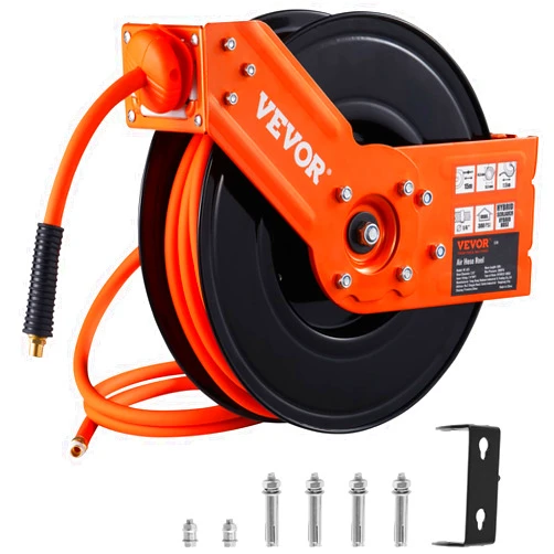 VEVOR Retractable Air Hose Reel, 3/8 IN x 50 FT Hybrid Air Hose Max 300PSI, Air Compressor Hose Reel with 5 ft Lead in, Ceiling/Wall Mount Heavy Duty Single Arm Steel Reel