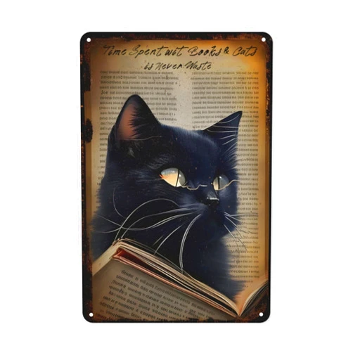HUAGEXE Cat Decor Vintage Metal Signs Cat Wall Decor For Kitchen Home Bar Wall Art Decor Cat Decor For Cat Lovers 8x12 Inch -Time Spent with Books & Cats is Never Wasted