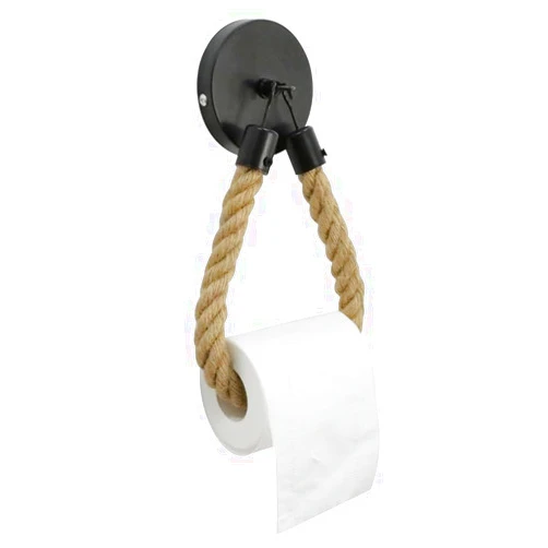 VCAFQYD Toilet Roll Holder Towel Ring Black Toilet Paper Holder Vintage Wall-Mounted Toilet Roll Holder Industrial Rope and Adhesive Hemp Rope Towel Rack with Metal Hook for Bathroom Accessoriesssories