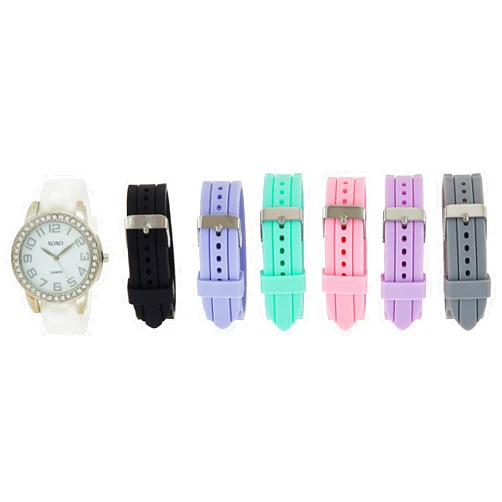 Accutime XOXO Women's Analog Watch with Silver-Tone Case, Crystal-Inset Bezel, 7 Interchangeable Bands Included - Official XOXO Woman's Silver-Tone Watch, Silicone Buckle Straps - Model: XO9069