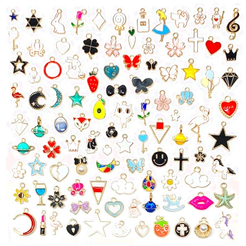 SUNEEY 100PCS SUNEEY Assorted Gold Plated Enamel Balloon Key Animal Moon Star Fruit Charm Pendant DIY for Necklace Bracelet Jewelry Making and Crafting