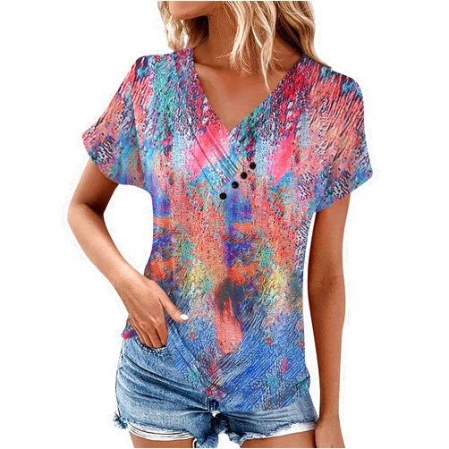 Generic Women's V-Neck Oversized Top Floral Pattern Printed Comfortable Tees Short Sleeve Blouse Casual Loose T Shirts