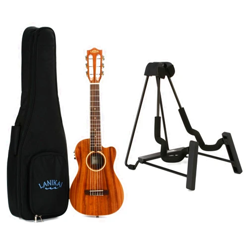 GearNuts Lanikai ACST-CEG Acacia 6-String Acoustic-Electric Guitelele Essentials Bundle - Natural with built-in tuner, Felt Picks, and Ukulele Chord Chart