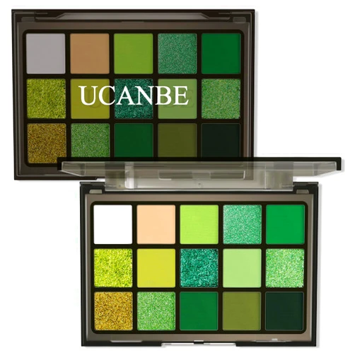 UCANBE Green Eyeshadow Makeup Palette, 15 Colors Bright Dark Green Shimmer Matte Metallic Glitter Eye Shadow, Forest Emerald Lime Pallet Kit for Cosplay Parties Christmas Halloween SFX