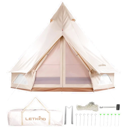 LETKIND 10ft Canvas Bell Tent with Stove Jack, 4 Season Waterproof Camping Tent 4/6 Person Luxury Outdoor Glamping Yurt for Camping, Cotton Bell Tent for Winter Camping for Hunting Party