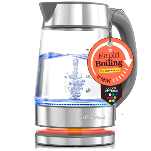Peach Street Speed-Boil Water Electric Kettle, 1.7L 1500W, Coffee & Tea Kettle Borosilicate Glass, Wide Opening, Auto Shut-Off, Cool Touch Handle, LED Light. 360° Rotation, Boil Dry Protection