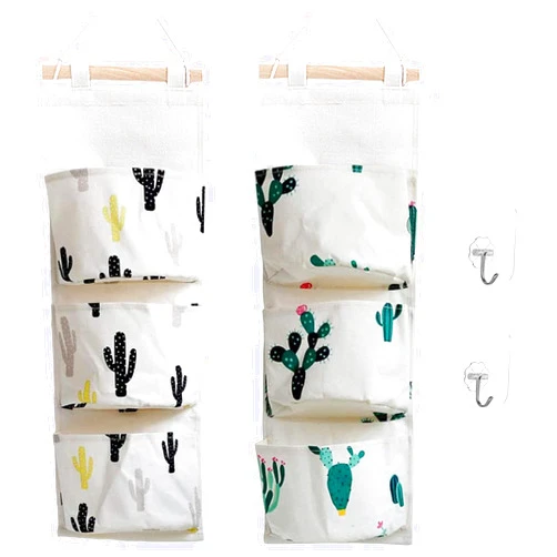 KRLIFCSL Cactus Wall Door Closet Hanging Storage Bag Canvas Fabric 3 Pockets Over The Door Organizer Pouch, 2 Pack (Cactus)