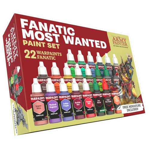 The Army Painter, Warpaints Fanatic Most Wanted Paint Set, 22 x 18ml Acrylic Paint incl. Skin Tones, Metallics, Effects, 1 Wash, Primer & 1 Miniature - Miniature Paint for D&D & Warhammer Miniatures