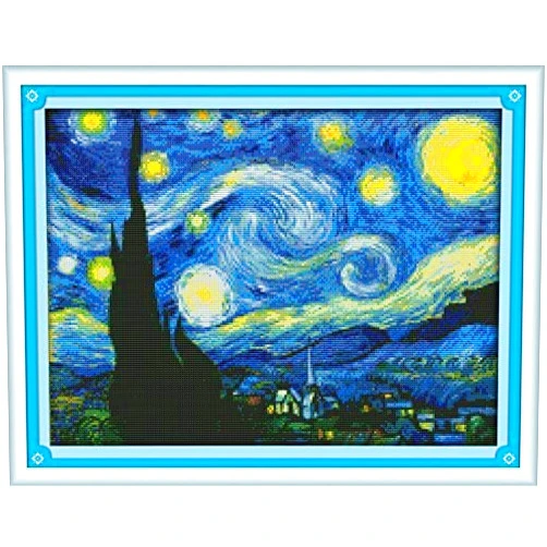 Maydear Cross Stitch Kits for Adults Full Range of Cross Stitching Needle Punch Embroidery Starter Kit Stamped Beginners for DIY 14CT 2 Strands - Starry Night of Van Gogh 18.1×13.8 inch