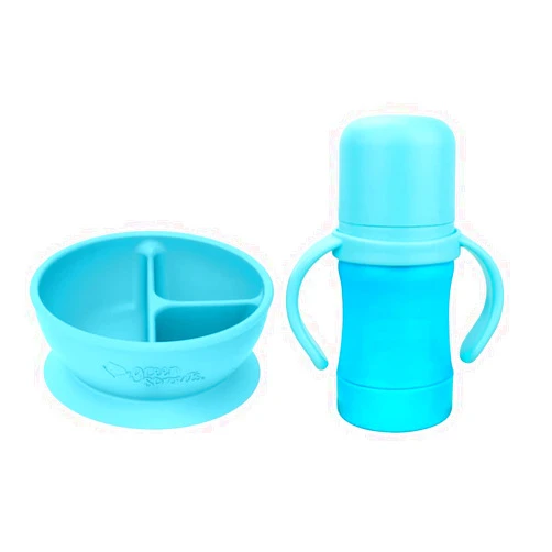 Green Sprouts - Learning Bowl made from Silicone and Sprout Ware Sip & Straw Cup made from Plants - Bundle (Aqua)