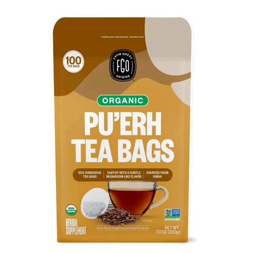FGO Organic Pu'erh Tea, Eco-Conscious Tea Bags, 100 Count