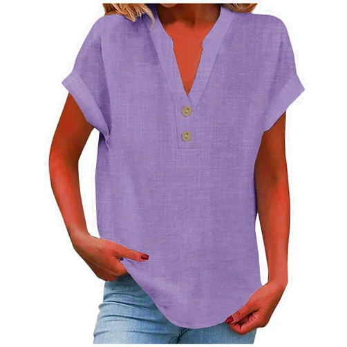 Generic Cotton Linen Button Down Shirt for Women Casual V Neck Cap Sleeve Blouses Summer Cotton Collared Tops