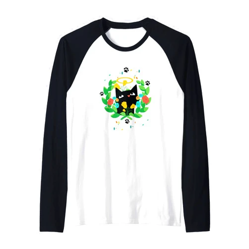 Visit The Feline Serenity Apparel CUTE BLACK ANGEL CAT HALO KITTEN SPRING GREEN WREATH Cute Raglan Baseball Tee