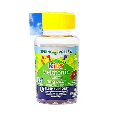 Nick & Hannah Spring Valley Kid's Melatonin Dietary Supplement; Vegetarian Gummies; 60 ct + 1 Mini Pill Container (Color Varies)