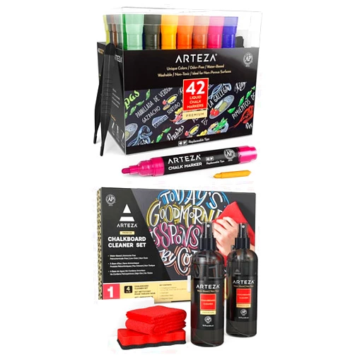 ARTEZA Liquid Chalk Markers, 42 Colors Pack with 50 Chalkboard Labels and Chalkboard Cleaner Set with 2 Cleaners 10-Ounces Each