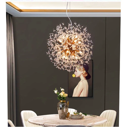 GEJINTAO Nordic Crystal Dandelion Pendant Light, Luxury LED Lighting for Bedroom, Restaurant, Cafe, and Living Room, Adjustable Ceiling Light, G9 High Brightness