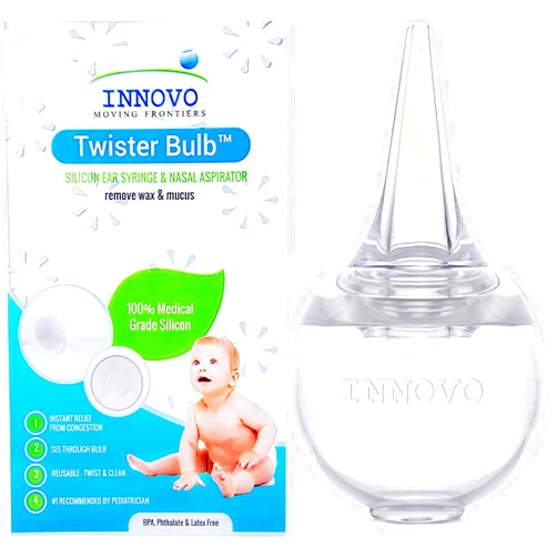 Innovo Hospital Grade Silicone Twister Bulb Baby Ear Syringe and Nasal Aspirator, Sucks Snot and Mucus, Nasal Bulb Ear Syringe, Cleanable and Reusable Clear White