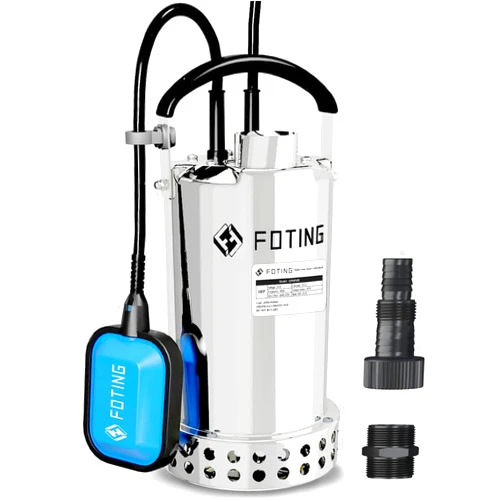 FOTING Full 304 Stainless Steel Sump Pump with Float Switch - 1HP 4600GPH Automatic Submersible Water Pump Fast Water Removal in Pools, Basements, Sewage, Hot Tubs Heater Flush Pit, ponds w/ 16FT Cord