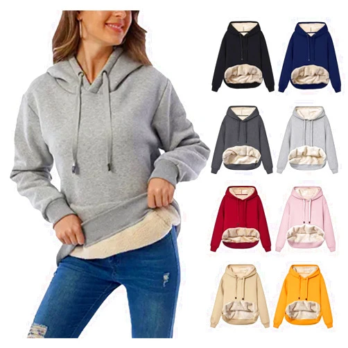 Vliolat Womens Casual Winter Warm Fleece Sherpa Lined Hoodies Solid Crewneck Hooded Sweatshirts Thick Pullover Jumper Tops