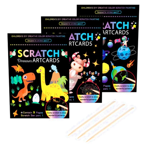 KSIWRE 3 Set Scratch Paper Art for Kids, Magic Rainbow Scratch Art with 3 Scratch Pen, Colorful Painting Book Gifts for Kids Boys Girls (Dinosaurs/Spaceman/Cute Animal)