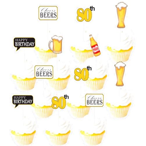 Lisimy 18PCS Beer Mug Bottles Birthday Cupcake Topper Picks for Men Women 80th Happy Birthday Party Cheers and Beers Theme Party Decoration Supplies Cheer to 80 Gold Glitter