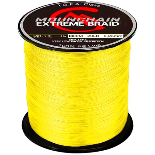 MOUNCHAIN Braided Fishing Line 1000M, 4 Strands Abrasion Resistant Braided Lines Super Strong 100% PE Sensitive Fishing Line - Yellow
