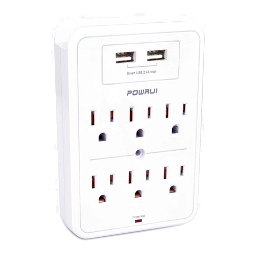 POWRUI Surge Protector, USB Wall Charger with 2 USB Charging Ports(Smart 2.4A Total), 6-Outlet Extender and Top Phone Holder for Your Cell Phone, White, ETL Listed