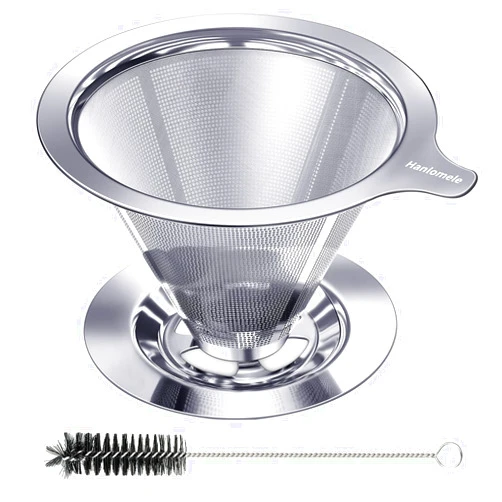 Hanlomele Pour Over Coffee Dripper, Paperless Reusable Coffee Filter, Pour Over Coffee Maker for Single Cup Brew, Double Mesh Design of Stainless Steel Cone Filter for Perfect Extraction (1-2 Cup)