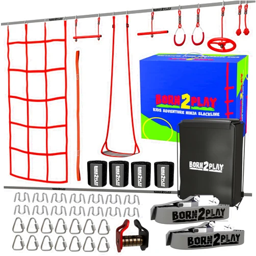 Born 2 Play Ninja Warrior Obstacle Course for Kids - Ninja Slackline Kit with Monkey Bars Outdoors, Rope Knots, Gym Rings, Leaf Swing, Pulley and More - Jungle Gym Outdoor Play Equipment for Backyard