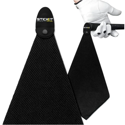 STICKIT Mini Magnetic Towel, Black, Greenside, Premium Microfiber Waffle Weave, Ultra-Absorbant, Quick-Drying, Industrial Strength Magnet for Golf Bags, Carts & Clubs - Compact Towel for Golfers