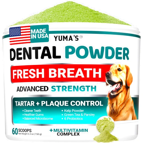 YUMA'S Advanced Dog Dental Powder, Breath Freshener, Dog Teeth Cleaning Powder, Bad Breath & Tartar and Plaque Off Remover for Dogs with Probiotics lab co, Pet Oral Care - 60 Scoops - Made in USA