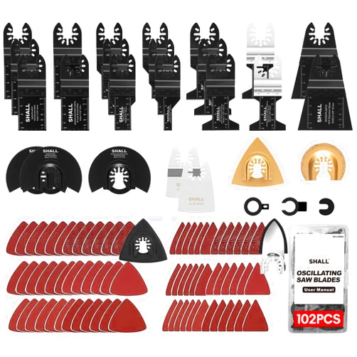 SHALL 102PCS Multitool Blades, Oscillating Multi Tool Accessories kits, HCS & Bi-Metal Blades, Sanding Pad, Sandpaper, Scraper, Carbide Grit Rasp, Dremel/Bosch/C-Clip Adapter, Storage Case Included