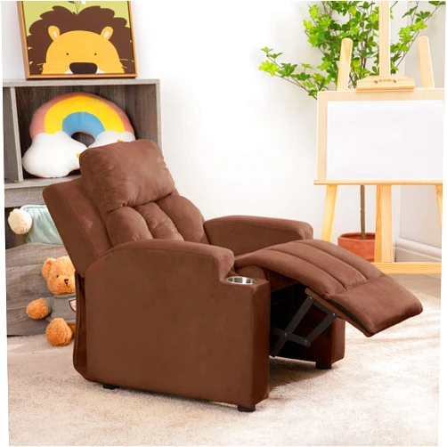 Naomi Home Sally Deluxe Kids Recliner Chair with Footrest & 2 Cup Holders, Push Back Toddler Recliner for Ages 3+, Perfect Kid Recliners for Boys & Girls - Ideal Recliner Chairs for Toddlers, Kids Room - Brown