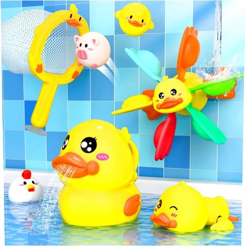iPlay, iLearn Baby Duck Bath Toy, Toddler Bathtub Suction Water Spinner Gear, Kid Shower Fishing Game W/ Net, Light up Animal, Wind up Swimming Duck, Birthday Gift 6 9 12 Month 1 2 3 Year Old Boy Girl